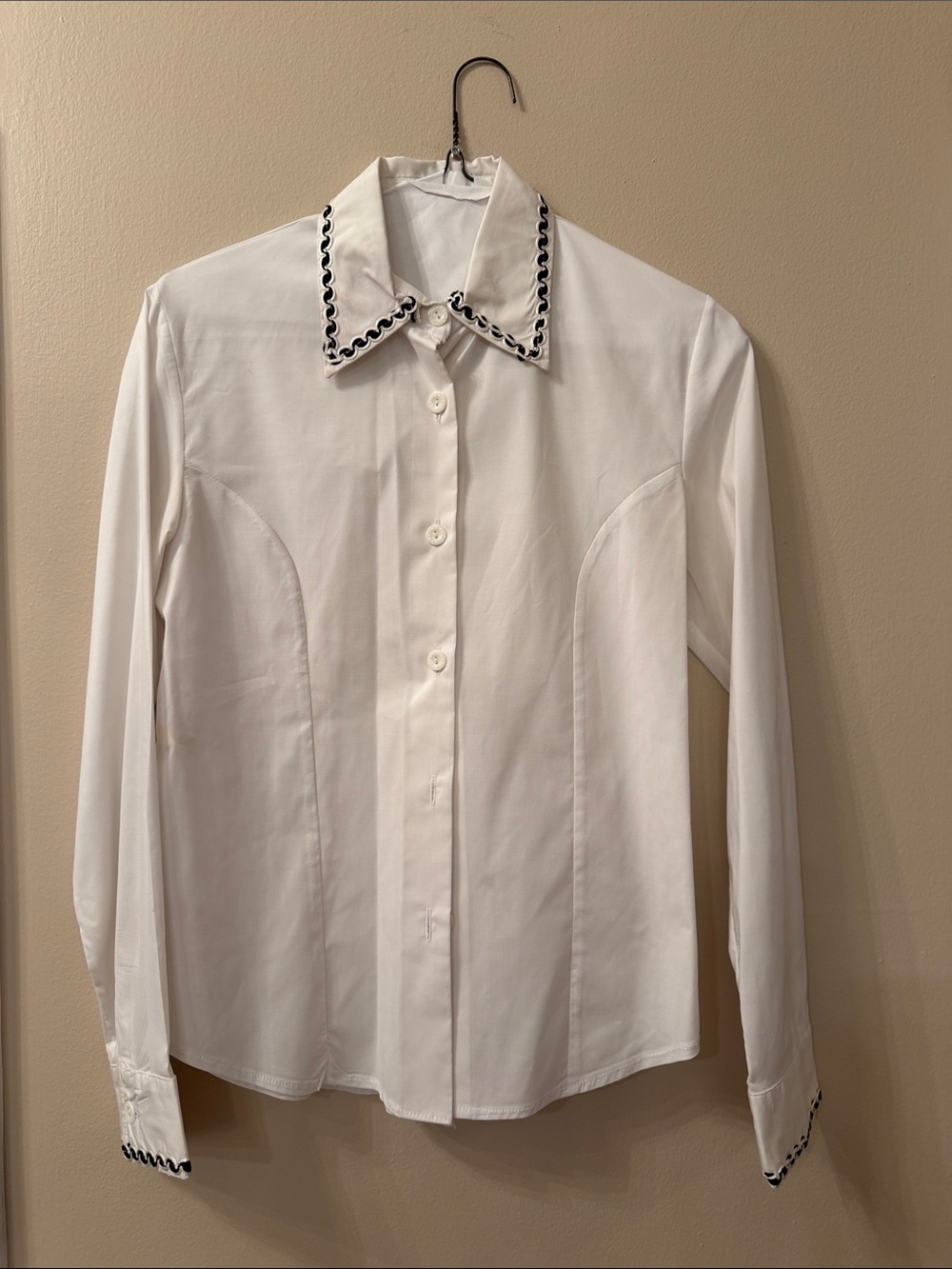 White Button-Down Shirt with Black Scallop Trim